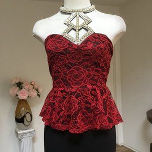 IPONA Peplum Short Dress Halter Embellished Necklace Red Laced Top Stretchy L